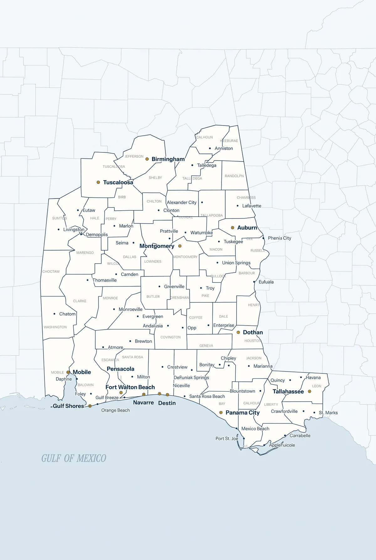 Map of the Salty Water Sales territory across Southern Alabama and Northwest Florida